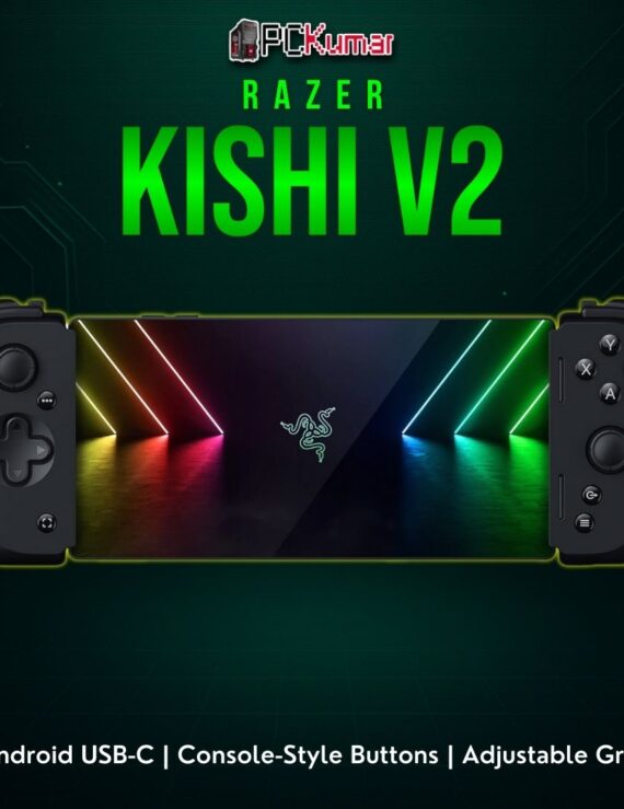 Razer Kishi V2 for Android in black, expanding to attach around a phone with comfortable side grips.
