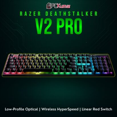 Razer DeathStalker V2 Pro keyboard featuring a slim black design, linear low-profile switches, and wireless capability.