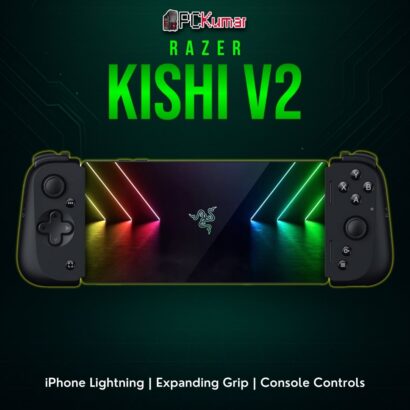 Razer Kishi V2 for iPhone, featuring a black adjustable clamp design, creating a handheld console feel on iOS devices.