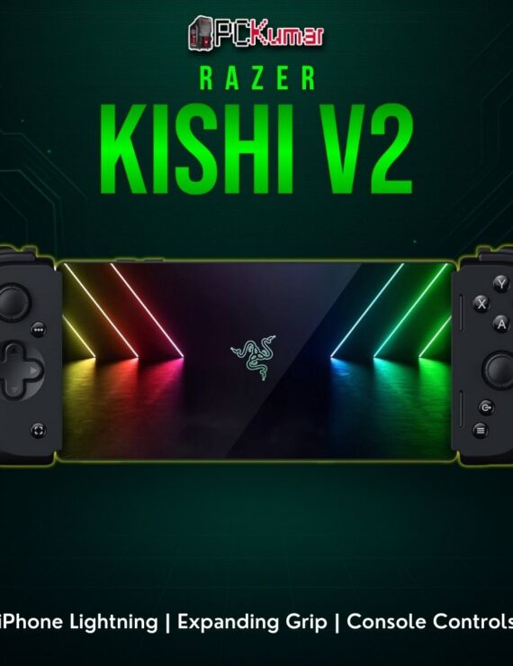 Razer Kishi V2 for iPhone, featuring a black adjustable clamp design, creating a handheld console feel on iOS devices.