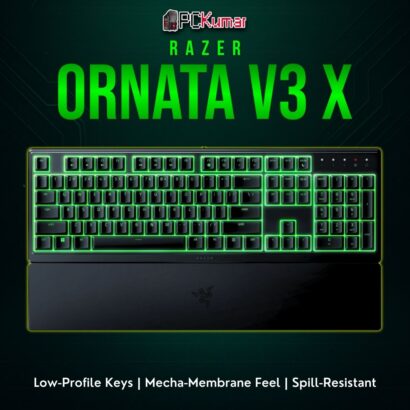 Razer Ornata V3 X keyboard featuring a slim black design and mecha-membrane switches in a US layout.
