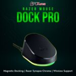 Razer Mouse Dock Pro in black, featuring a vertical magnetic post for easy wireless mouse charging and vibrant lighting.