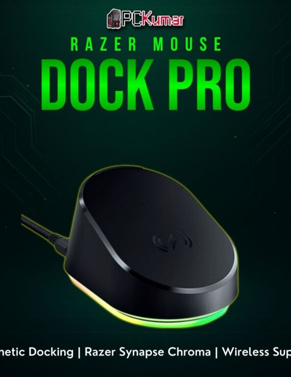 Razer Mouse Dock Pro in black, featuring a vertical magnetic post for easy wireless mouse charging and vibrant lighting.