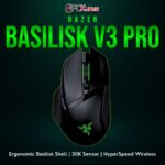 Razer Basilisk V3 Pro in black, sporting a curved right-hand design with a side thumb rest and adjustable wheel.