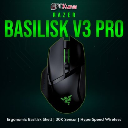 Razer Basilisk V3 Pro in black, sporting a curved right-hand design with a side thumb rest and adjustable wheel.
