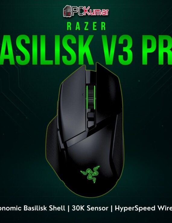 Razer Basilisk V3 Pro in black, sporting a curved right-hand design with a side thumb rest and adjustable wheel.