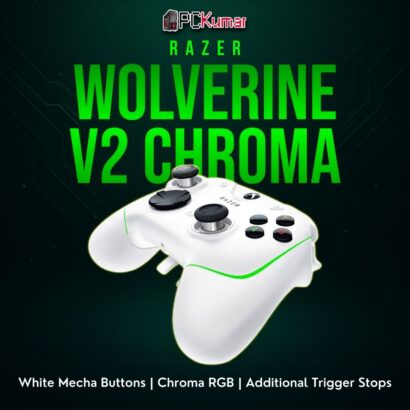 White Razer Wolverine V2 Chroma controller featuring offset sticks, advanced triggers, and illuminated side edges.