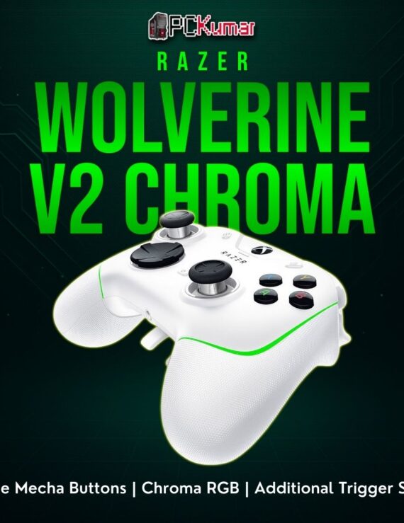 White Razer Wolverine V2 Chroma controller featuring offset sticks, advanced triggers, and illuminated side edges.