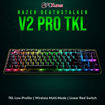 Black Razer DeathStalker V2 Pro TKL featuring a slim top case, minimal design, and soft linear mechanical switches.