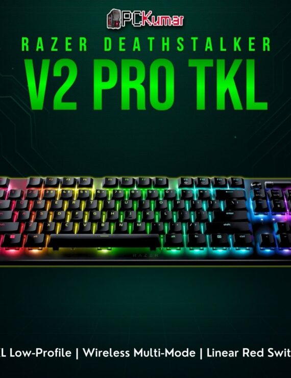 Black Razer DeathStalker V2 Pro TKL featuring a slim top case, minimal design, and soft linear mechanical switches.