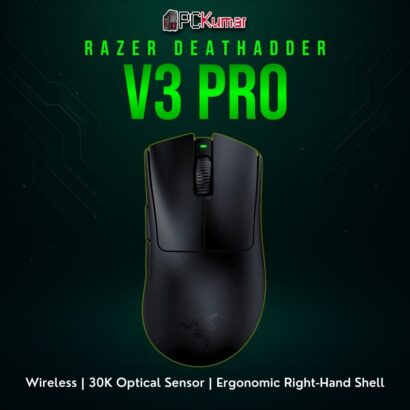 Black Razer DeathAdder V3 Pro sporting a sleek right-handed design, optimized for wireless performance.