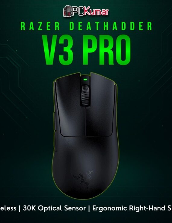 Black Razer DeathAdder V3 Pro sporting a sleek right-handed design, optimized for wireless performance.