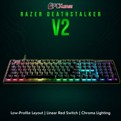Razer DeathStalker V2 wired black keyboard showing a slim mechanical design with linear switches and bright RGB.