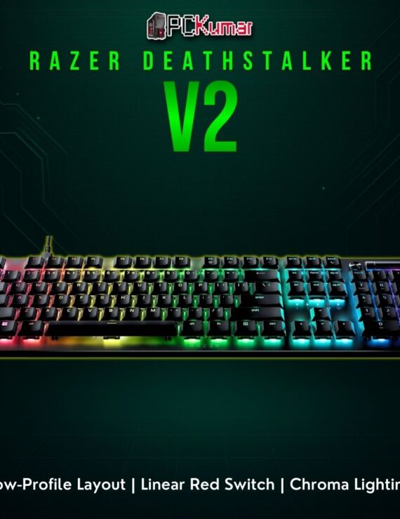 Razer DeathStalker V2 wired black keyboard showing a slim mechanical design with linear switches and bright RGB.