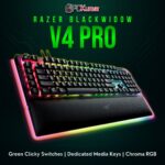 Razer BlackWidow V4 Pro featuring an extended layout, media wheel, and tactile green mechanical switches.