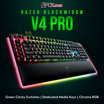 Razer BlackWidow V4 Pro featuring an extended layout, media wheel, and tactile green mechanical switches.