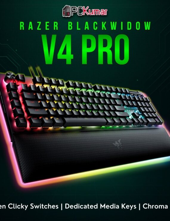 Razer BlackWidow V4 Pro featuring an extended layout, media wheel, and tactile green mechanical switches.