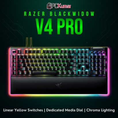 Razer BlackWidow V4 Pro keyboard sporting linear switch keys, multi-function media controls, and bright RGB.
