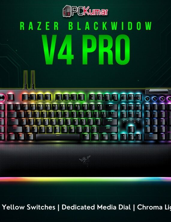 Razer BlackWidow V4 Pro keyboard sporting linear switch keys, multi-function media controls, and bright RGB.