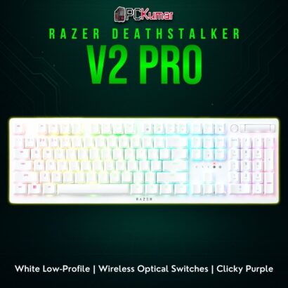Razer DeathStalker V2 Pro in white, featuring a slim top case, purple optical clicks, and dual wireless modes.
