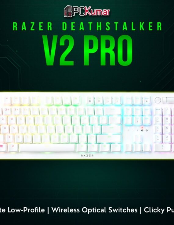 Razer DeathStalker V2 Pro in white, featuring a slim top case, purple optical clicks, and dual wireless modes.