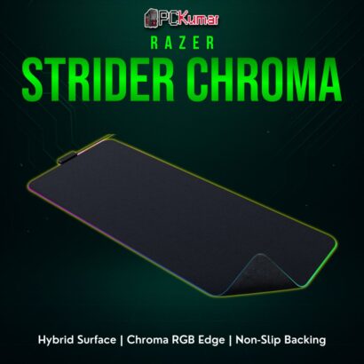 Razer Strider Chroma featuring a black hybrid surface and vibrant, illuminated outer edges for an immersive desk setup.