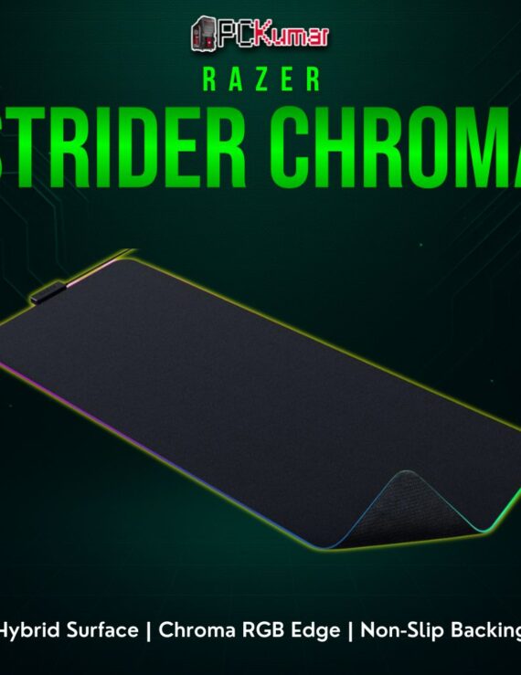 Razer Strider Chroma featuring a black hybrid surface and vibrant, illuminated outer edges for an immersive desk setup.