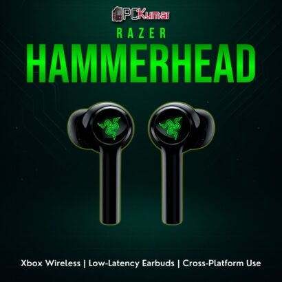 Razer Hammerhead HyperSpeed Xbox edition, featuring black earbuds with an included wireless dongle for console pairing.