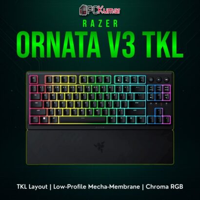 Razer Ornata V3 Tenkeyless keyboard with a slim design and side lighting effects, suitable for minimal setups.