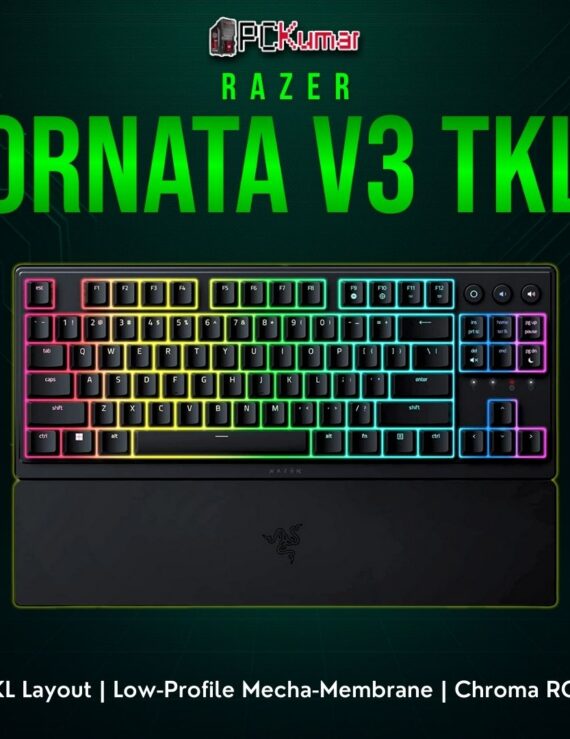 Razer Ornata V3 Tenkeyless keyboard with a slim design and side lighting effects, suitable for minimal setups.