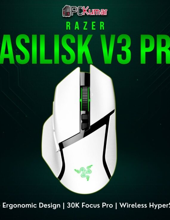 White Razer Basilisk V3 Pro gaming mouse featuring a sculpted grip and advanced sensor for top-tier gaming performance.