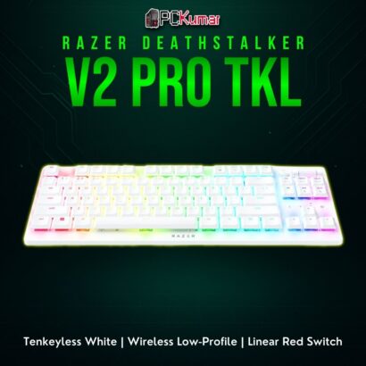 Razer DeathStalker V2 Pro TKL White with a short mechanical design and linear red switches, enabling swift and silent input.