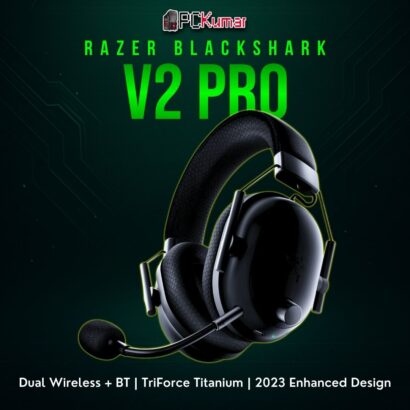 Razer BlackShark V2 Pro 2023 in black, featuring an updated overhead band, closed-back earcups, and flexible mic.
