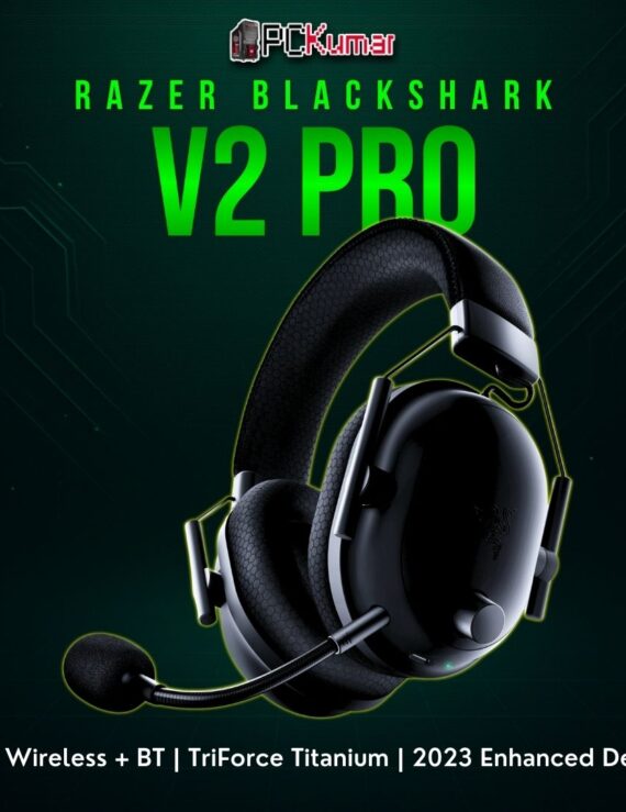 Razer BlackShark V2 Pro 2023 in black, featuring an updated overhead band, closed-back earcups, and flexible mic.