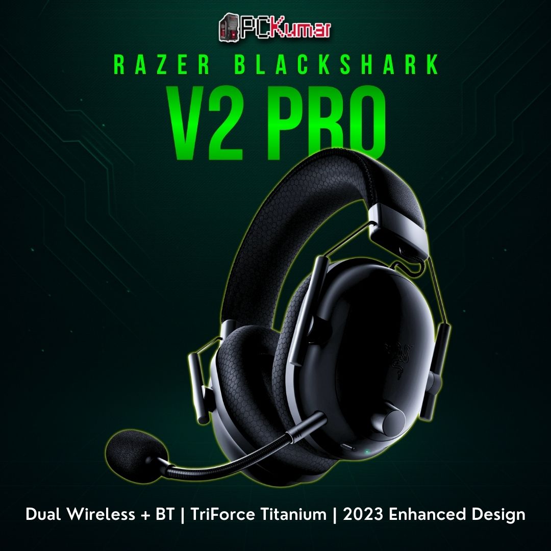 Razer BlackShark V2 Pro 2023 in black, featuring an updated overhead band, closed-back earcups, and flexible mic.