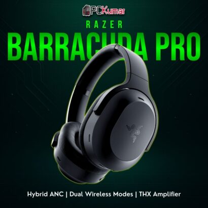 Razer Barracuda Pro headset in black, featuring large earcups, integrated ANC, and a sleek, travel-friendly design.