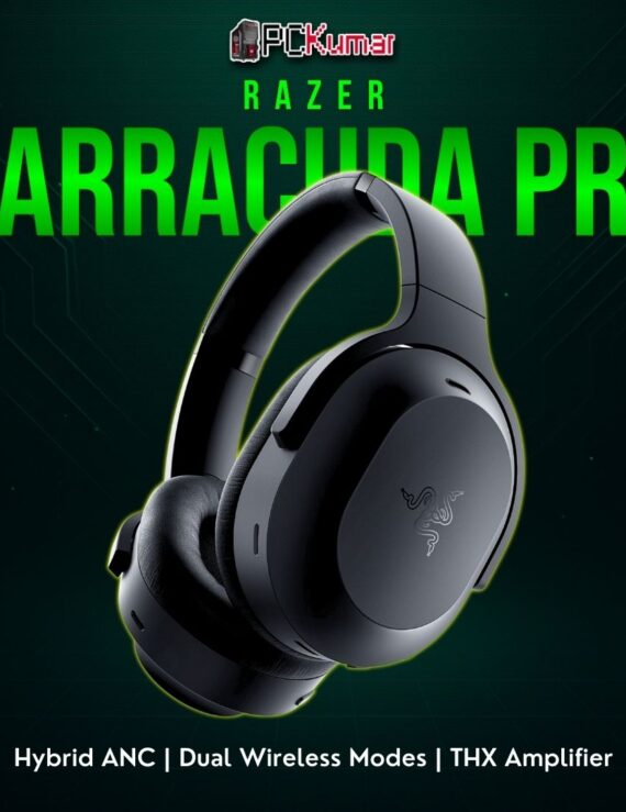 Razer Barracuda Pro headset in black, featuring large earcups, integrated ANC, and a sleek, travel-friendly design.