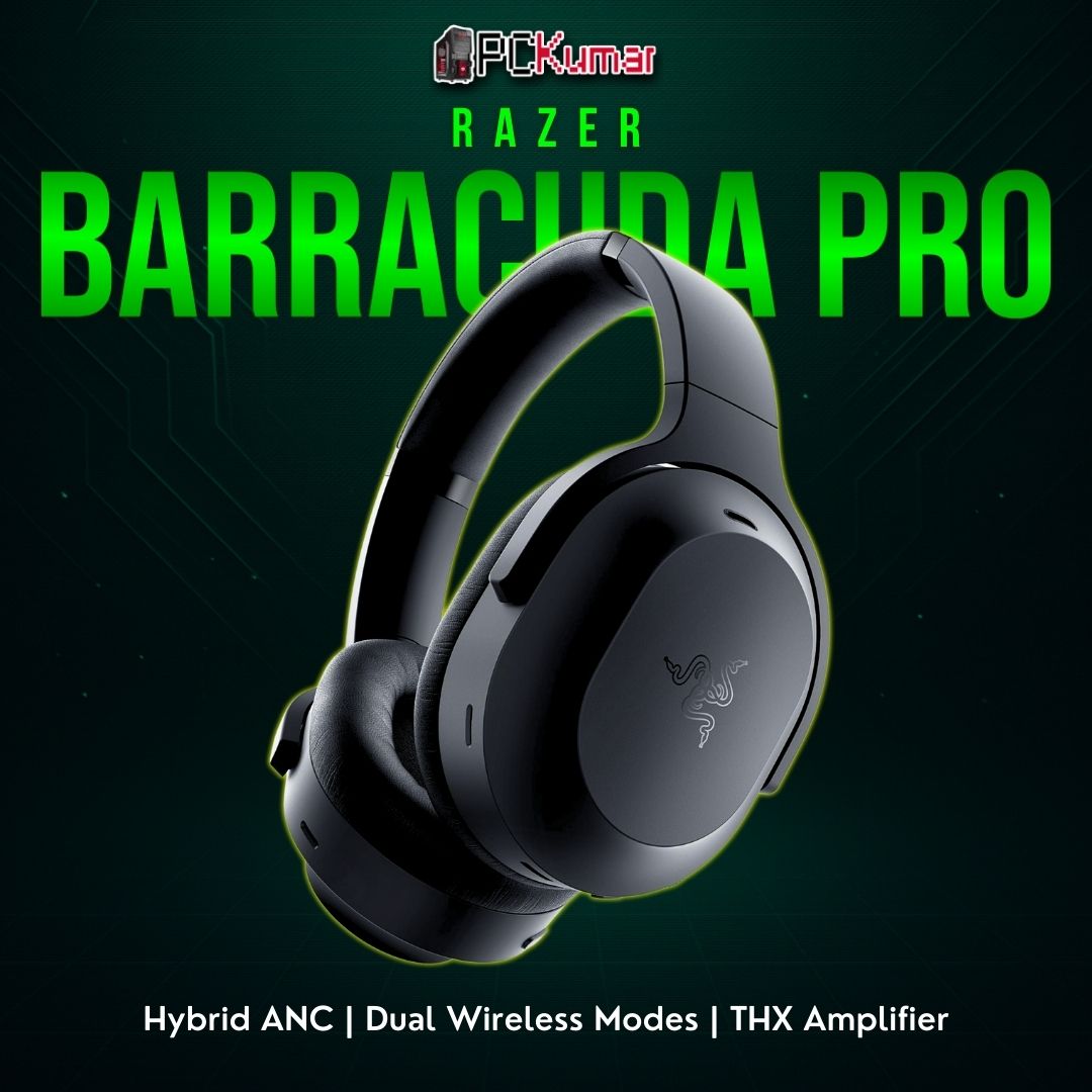 Razer Barracuda Pro headset in black, featuring large earcups, integrated ANC, and a sleek, travel-friendly design.