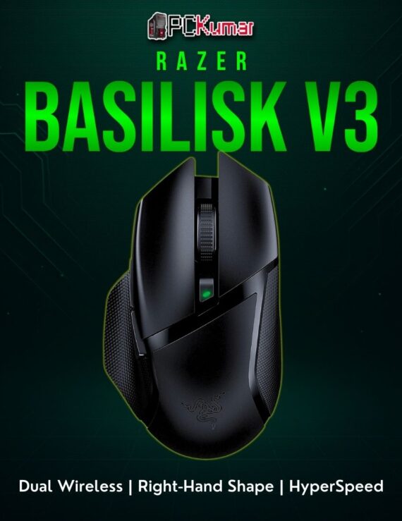 Razer Basilisk V3 X HyperSpeed mouse featuring an adjustable side thumb rest and quick wireless connectivity for gaming.