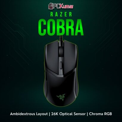 Razer Cobra wired gaming mouse showcasing symmetrical form and Chroma lighting along the edges and logo.