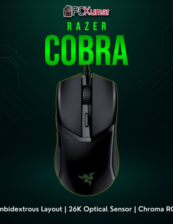 Razer Cobra wired gaming mouse showcasing symmetrical form and Chroma lighting along the edges and logo.
