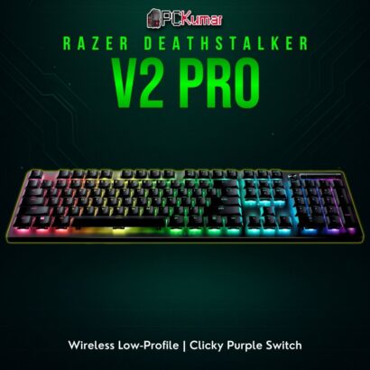 Razer DeathStalker V2 Pro keyboard in black, employing a thin frame and clicky purple low-profile mechanical switches.