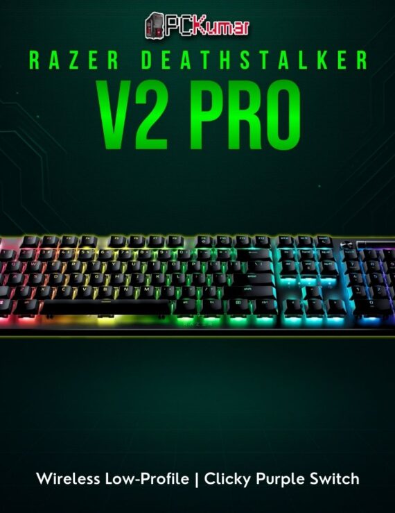 Razer DeathStalker V2 Pro keyboard in black, employing a thin frame and clicky purple low-profile mechanical switches.