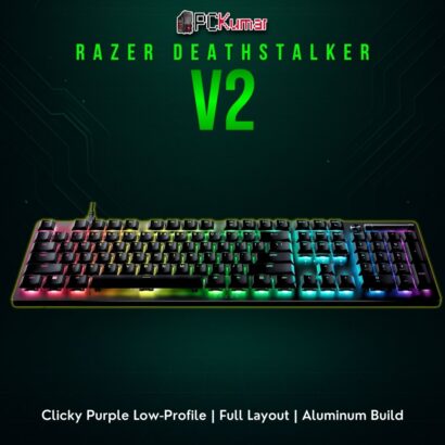 Razer DeathStalker V2 keyboard in black, sporting clicky low-profile purple switches and minimal key height.