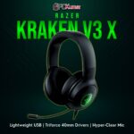 Razer Kraken V3 X wired headset in black, featuring a flexible microphone and comfortable ear cups for extended gaming.