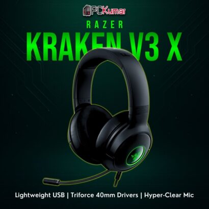 Razer Kraken V3 X wired headset in black, featuring a flexible microphone and comfortable ear cups for extended gaming.
