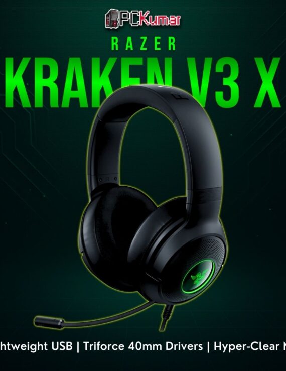Razer Kraken V3 X wired headset in black, featuring a flexible microphone and comfortable ear cups for extended gaming.