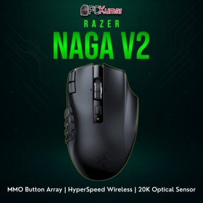 Razer Naga V2 HyperSpeed featuring multiple side buttons, ideal for MMO or macro-rich gaming sessions.