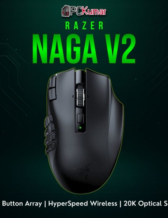 Razer Naga V2 HyperSpeed featuring multiple side buttons, ideal for MMO or macro-rich gaming sessions.