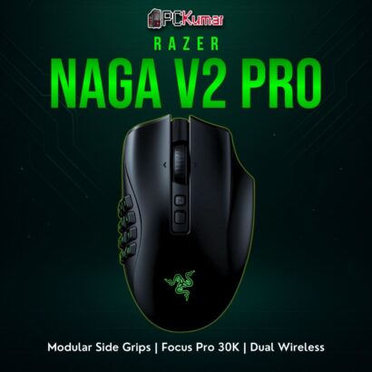Razer Naga V2 Pro mouse with swappable side plates for various button configurations, tailored to MMO or MOBA players.